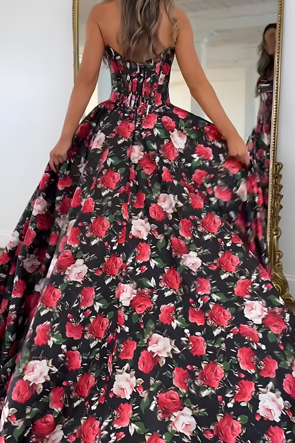 Floral Black Red A Line Satin Strapless Long Corset Prom Dress with Slit