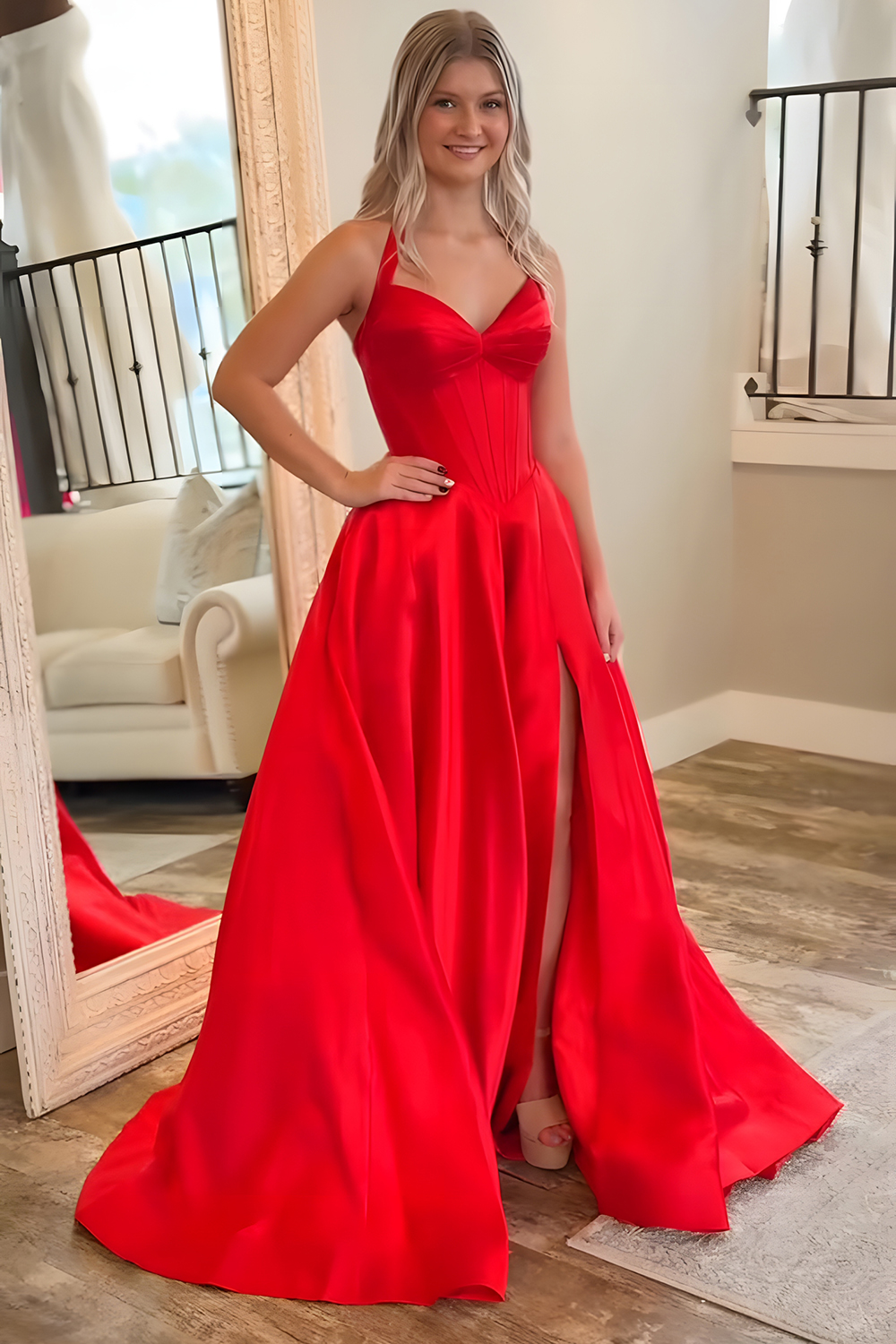 Red Satin A Line Halter Long Corset Prom Dress with Slit