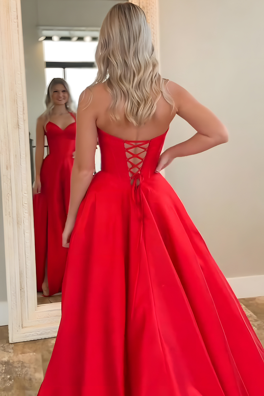 Red Satin A Line Halter Long Corset Prom Dress with Slit