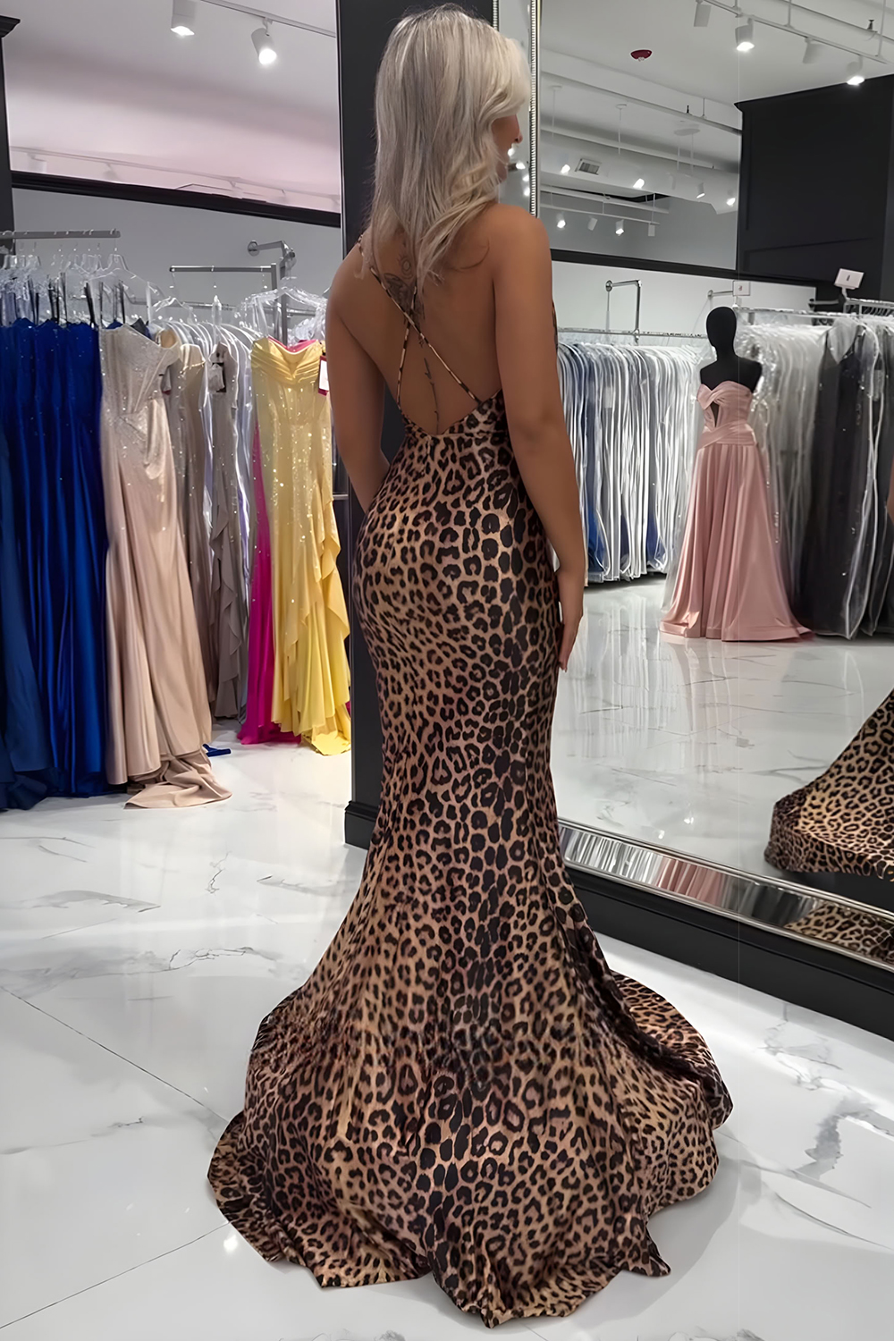 Brown Leopard Mermaid Spaghetti Straps Long Prom Dress