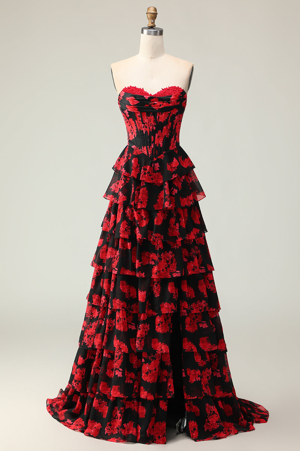 Floral Black and Red Strapless Ruffled Corset Long Prom Dress with Slit