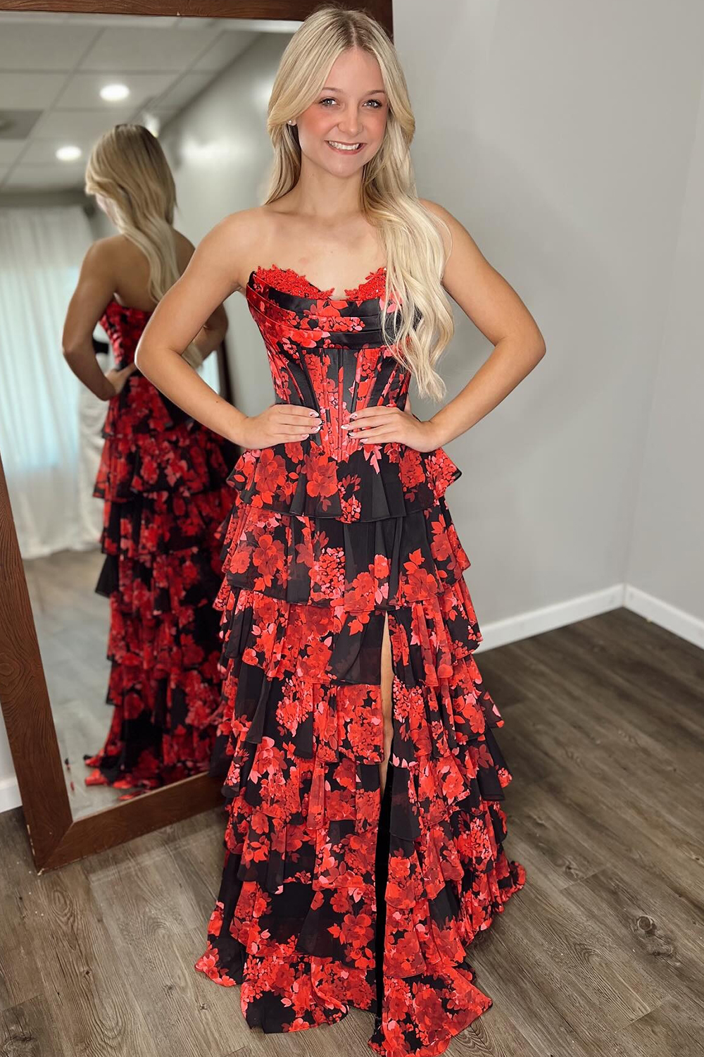Floral Black Red A Line Tiered Strapless Long Corset Prom Dress with Slit