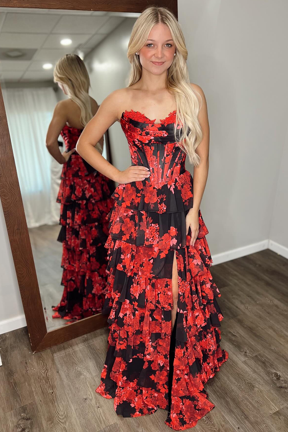 Floral Black Red A Line Tiered Strapless Long Corset Prom Dress with Slit