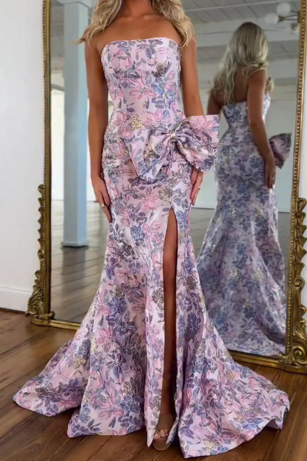 Purple Mermaid Strapless Floral Bodycon Long Prom Dress with Slit