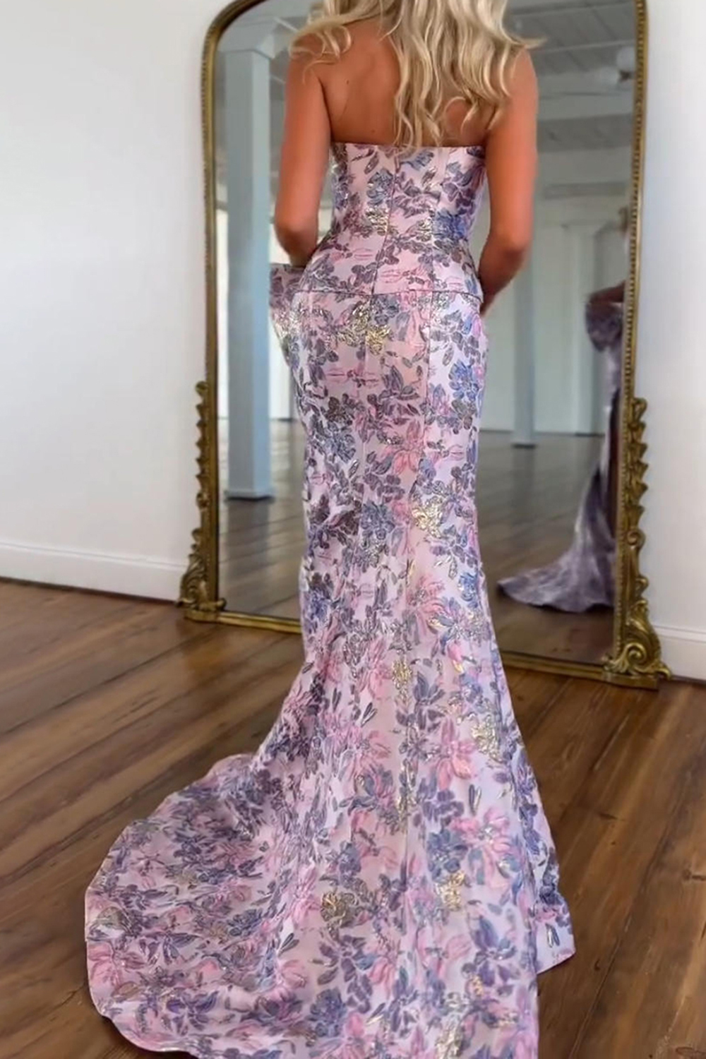 Purple Mermaid Strapless Floral Bodycon Long Prom Dress with Slit