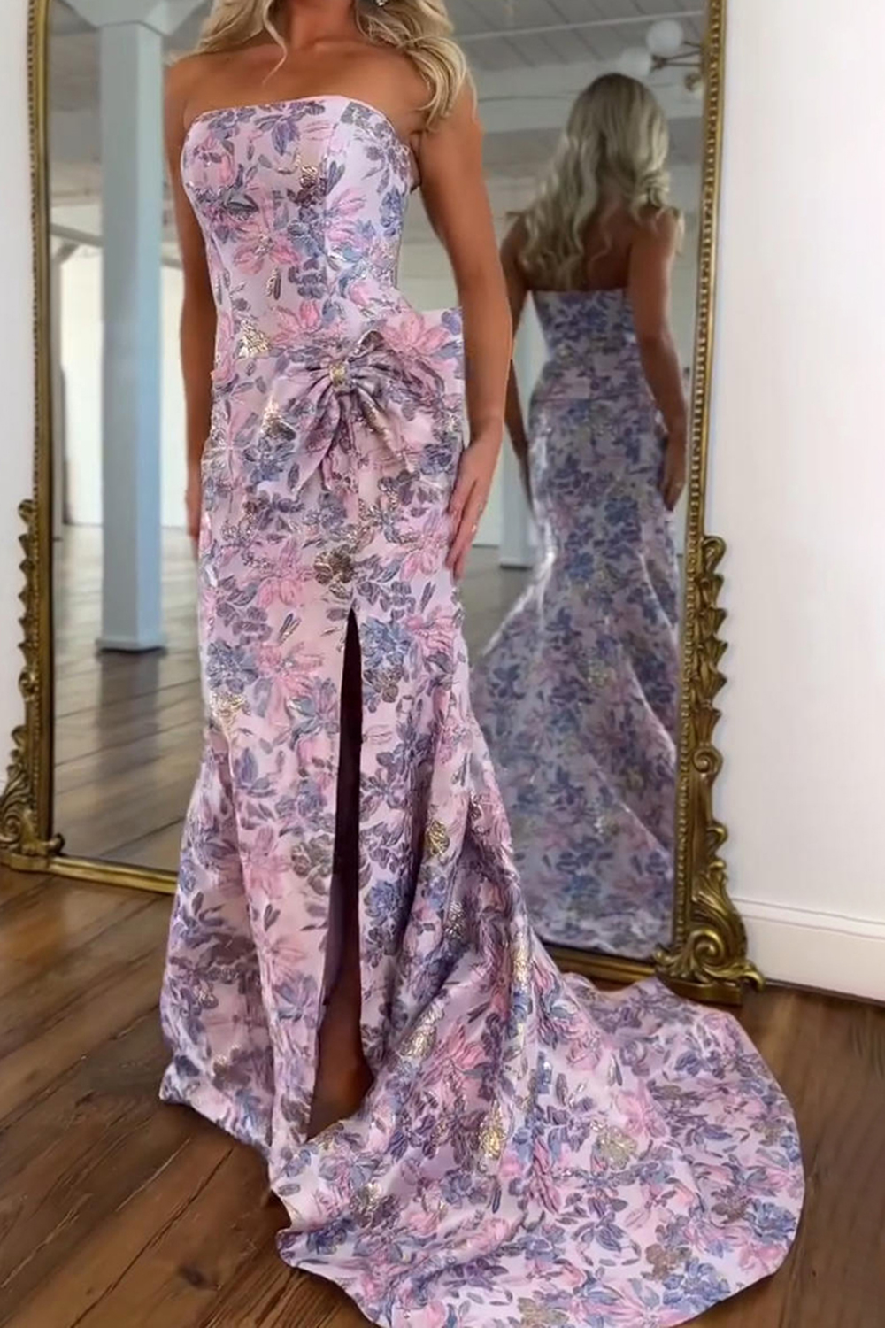 Purple Mermaid Strapless Floral Bodycon Long Prom Dress with Slit
