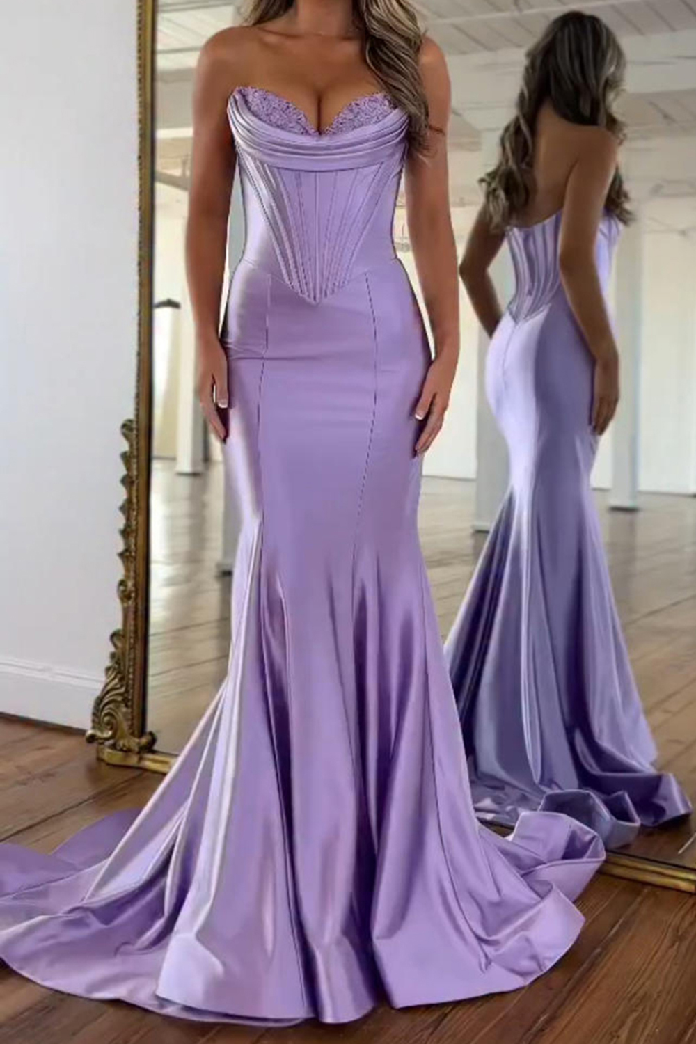 Purple Mermaid Sweetheart Corset Long Satin Prom Dress