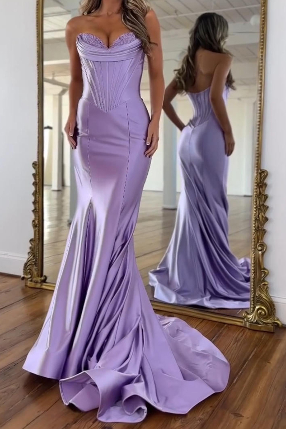 Purple Mermaid Sweetheart Corset Long Satin Prom Dress