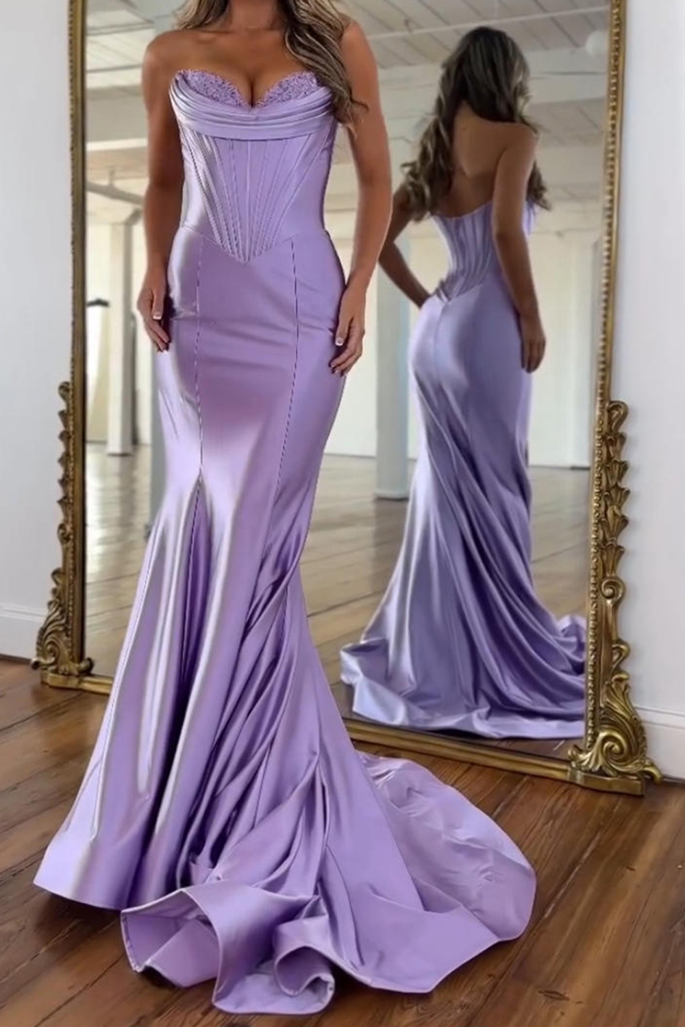 Purple Mermaid Sweetheart Corset Long Satin Prom Dress