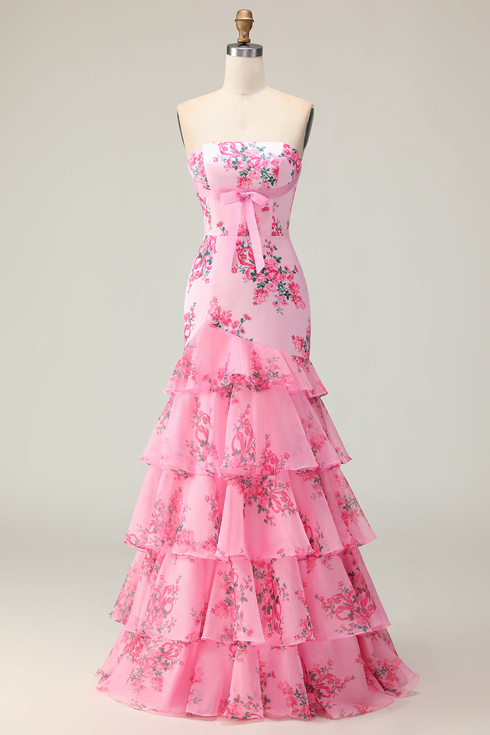 Pink Floral Ruffled Strapless Mermaid Long Prom Dress with Bow