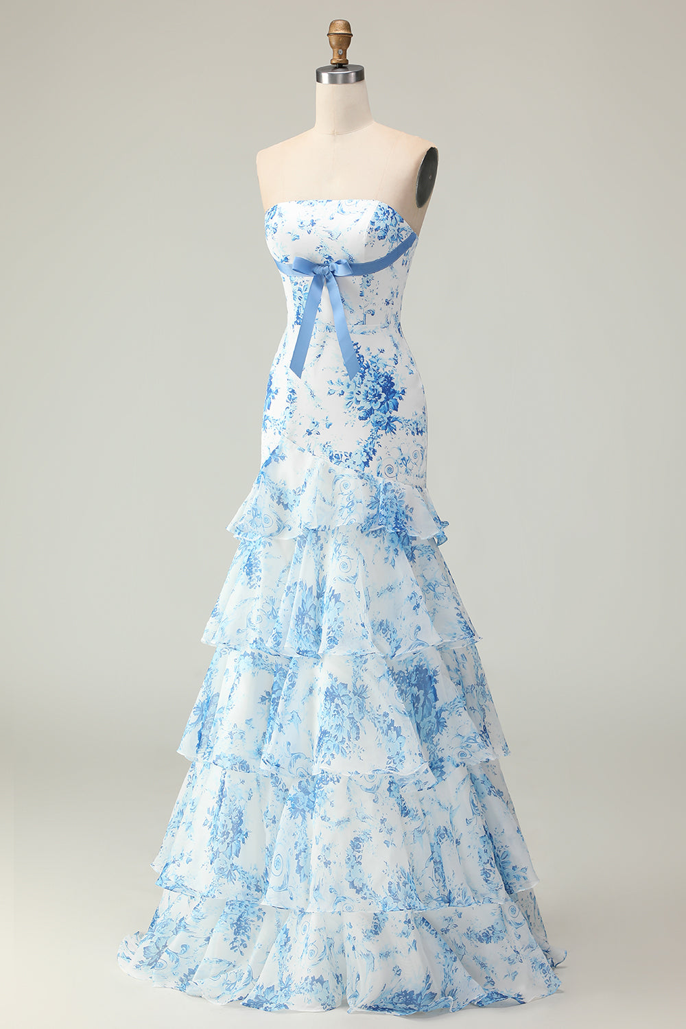 Blue and White Floral Ruffled Strapless Mermaid Long Prom Dress with Bow