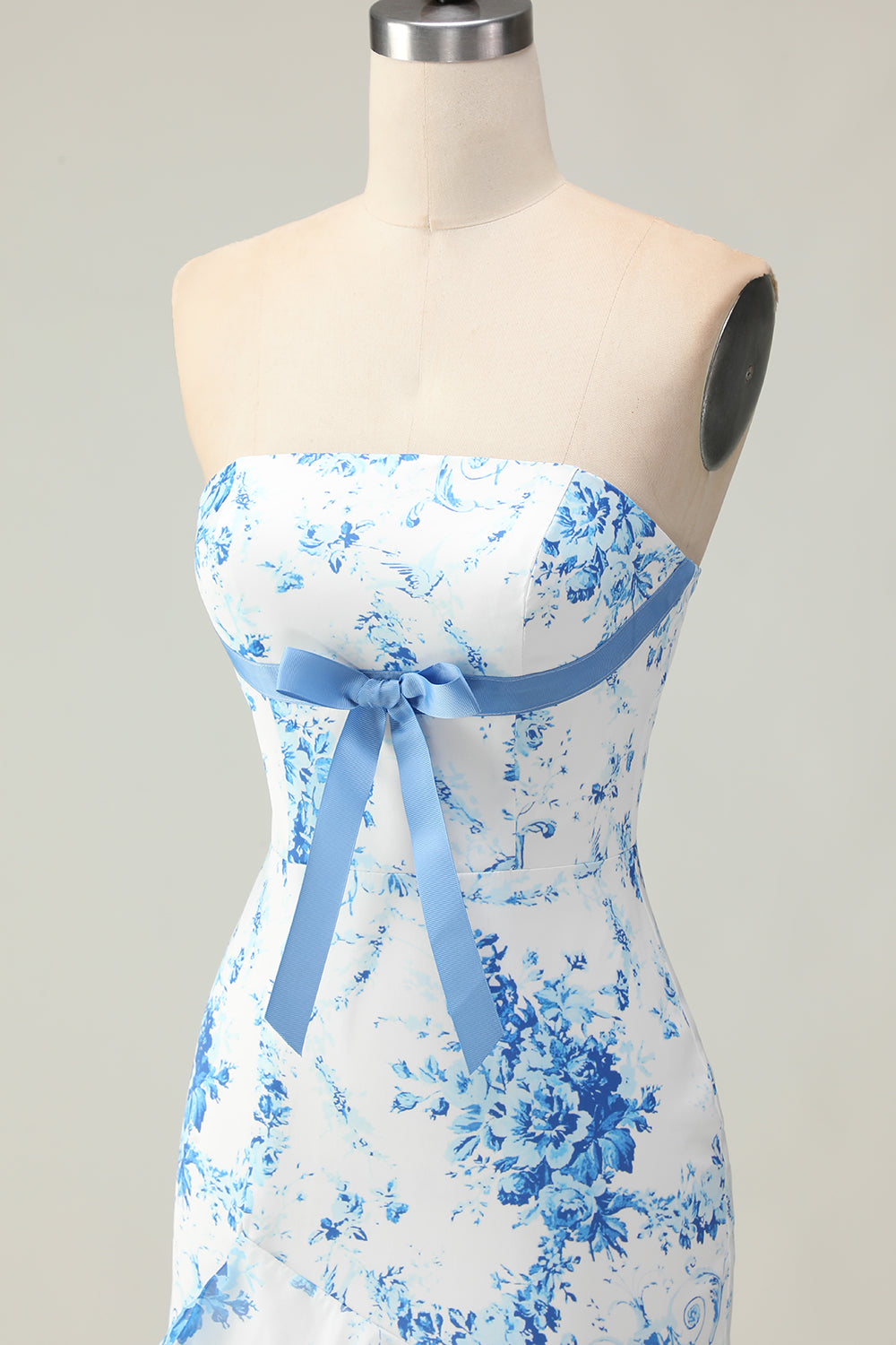 Blue and White Floral Ruffled Strapless Mermaid Long Prom Dress with Bow