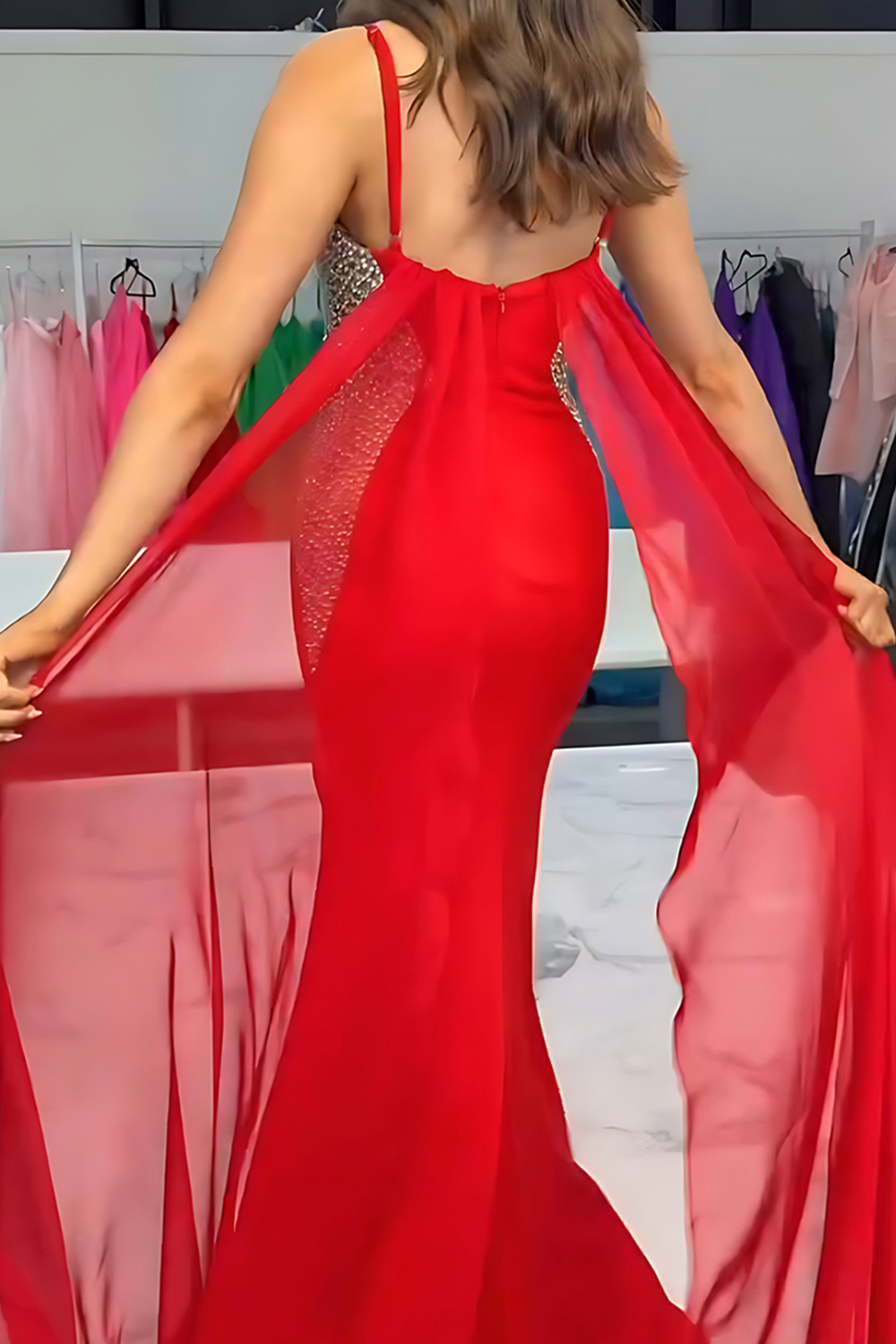 Sparkly Black Mermaid Spaghetti Straps Satin Long Prom Dress with Slit