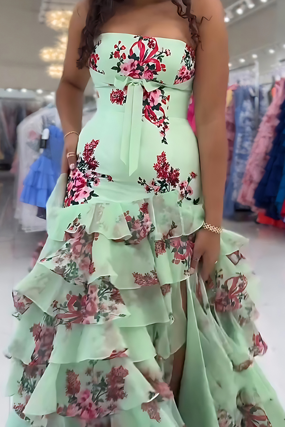 Pink Sheath Strapless Floral Tiered Long Prom Dress with Ruffles