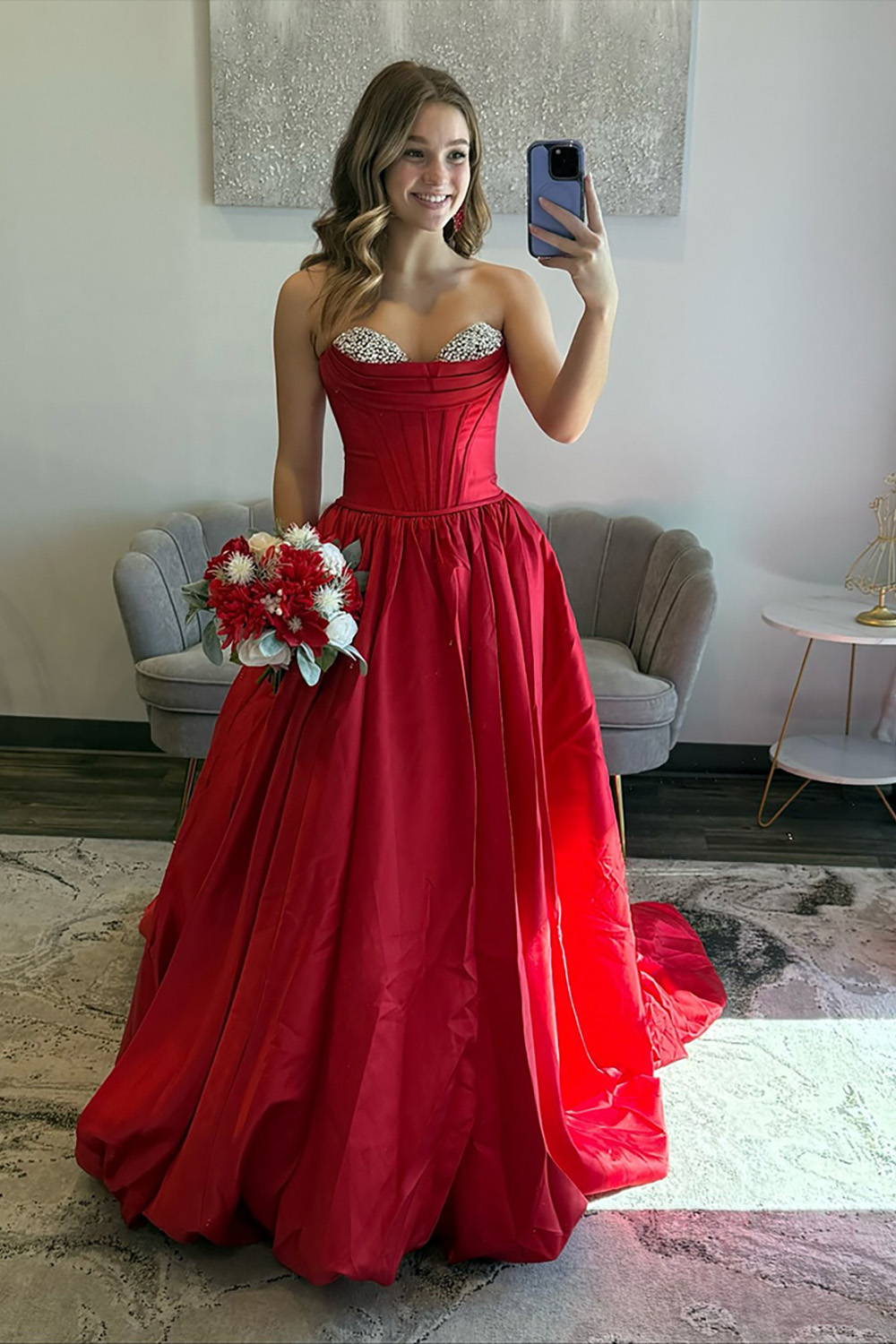 Sparkly Red Satin Ball Gown Sweetheart Beaded Long Corset Prom Dress