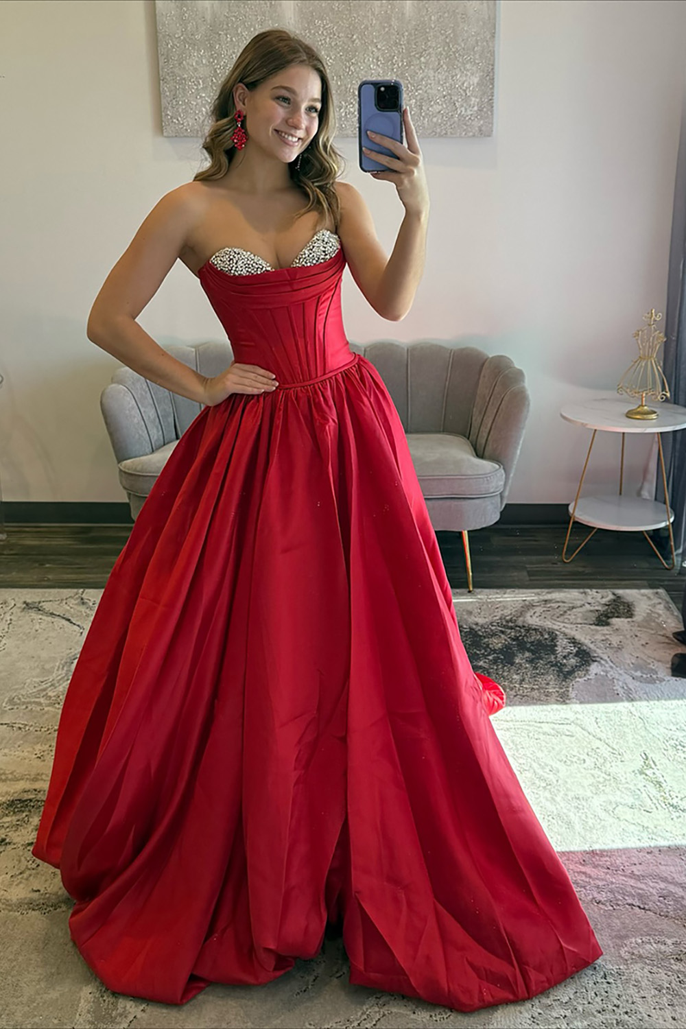 Sparkly Red Satin Ball Gown Sweetheart Beaded Long Corset Prom Dress