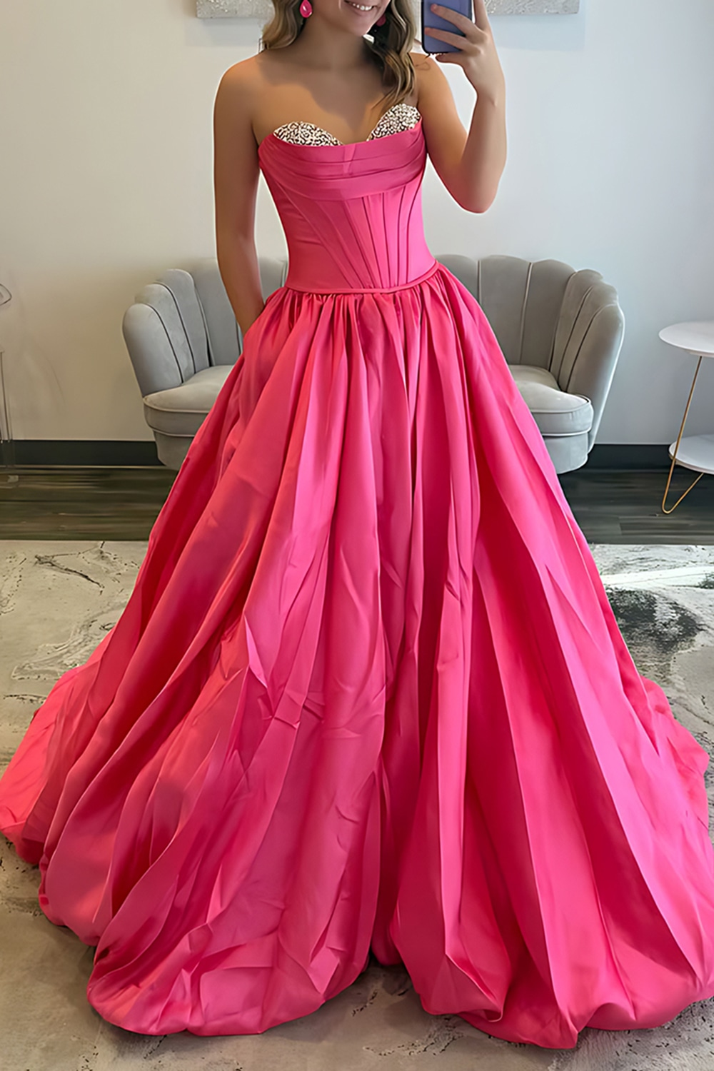 Sparkly Red Satin Ball Gown Sweetheart Beaded Long Corset Prom Dress