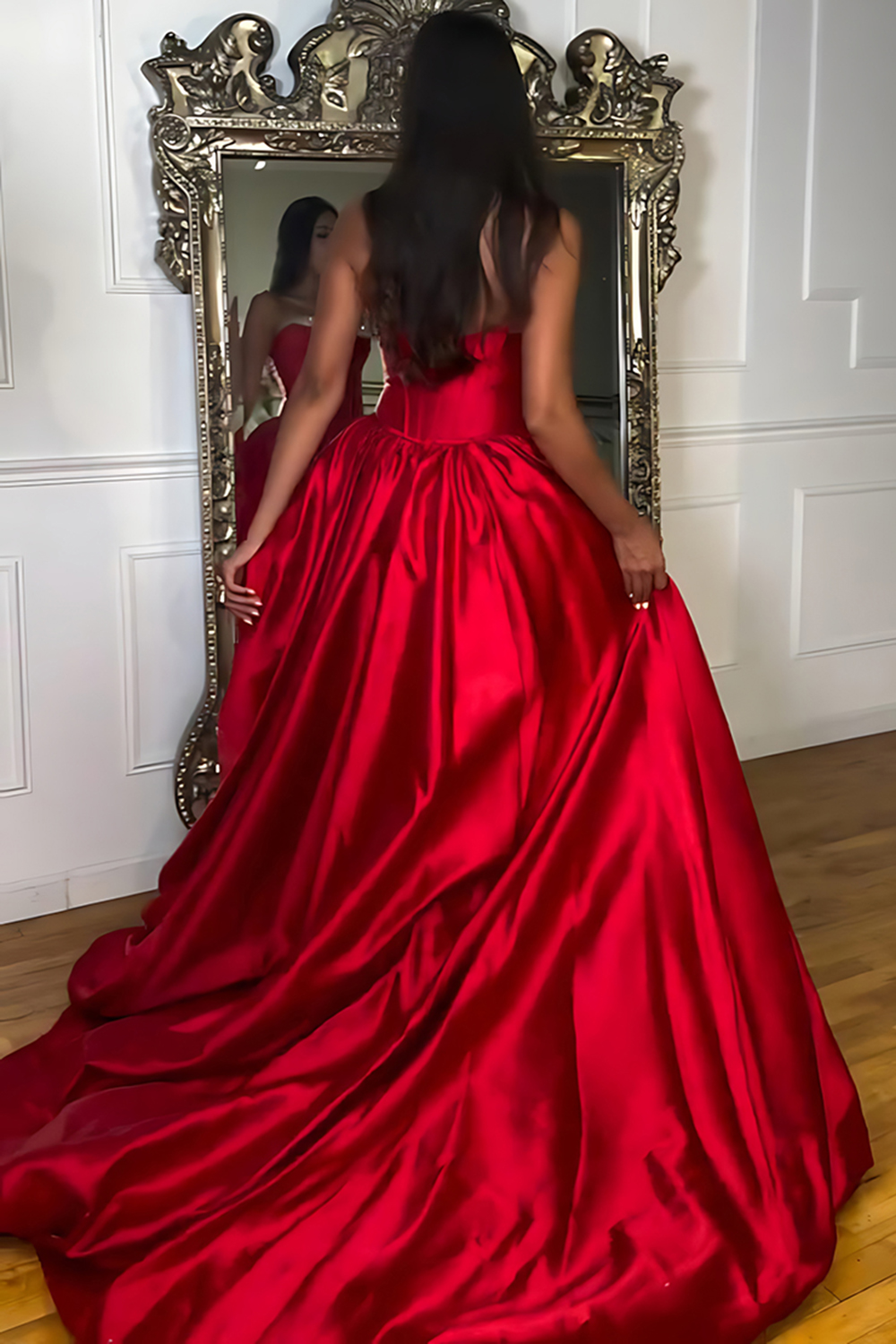 Sparkly Red Ball Gown Sweetheart Satin Corset Long Prom Dress
