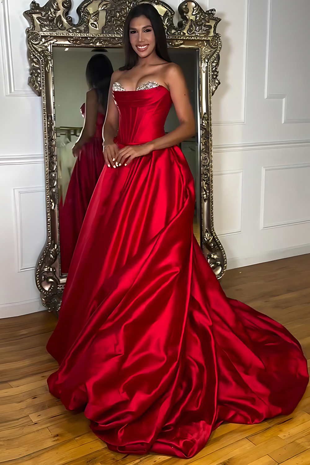 Sparkly Red Ball Gown Sweetheart Satin Corset Long Prom Dress