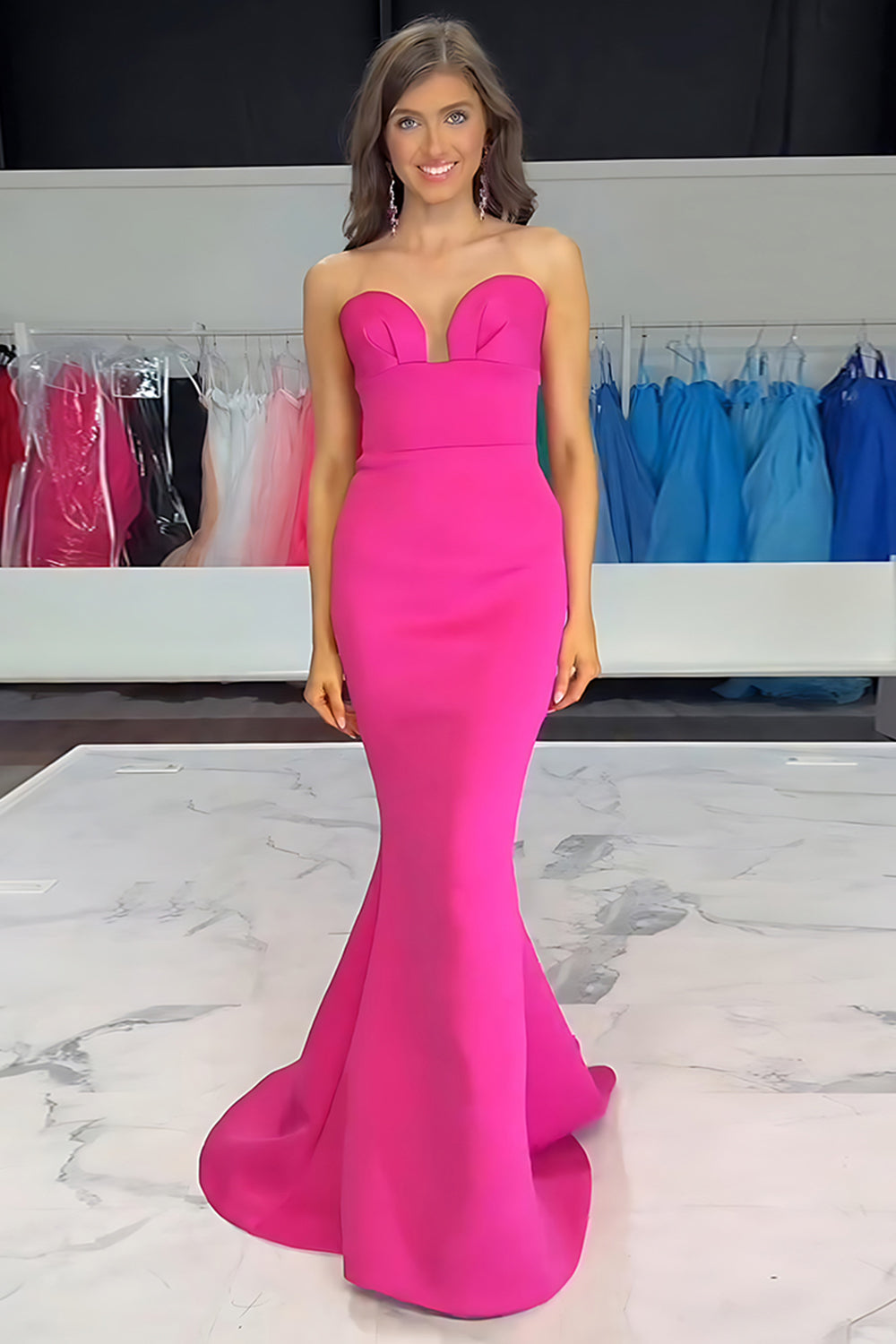 Elegant Fuchsia Satin Mermaid Sweetheart Long Prom Dress