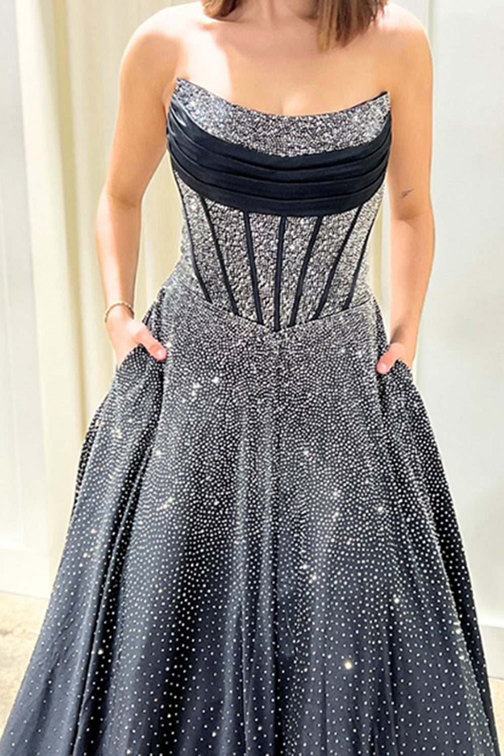 Sparkly Black Strapless A Line Long Corset Prom Dress with Beading