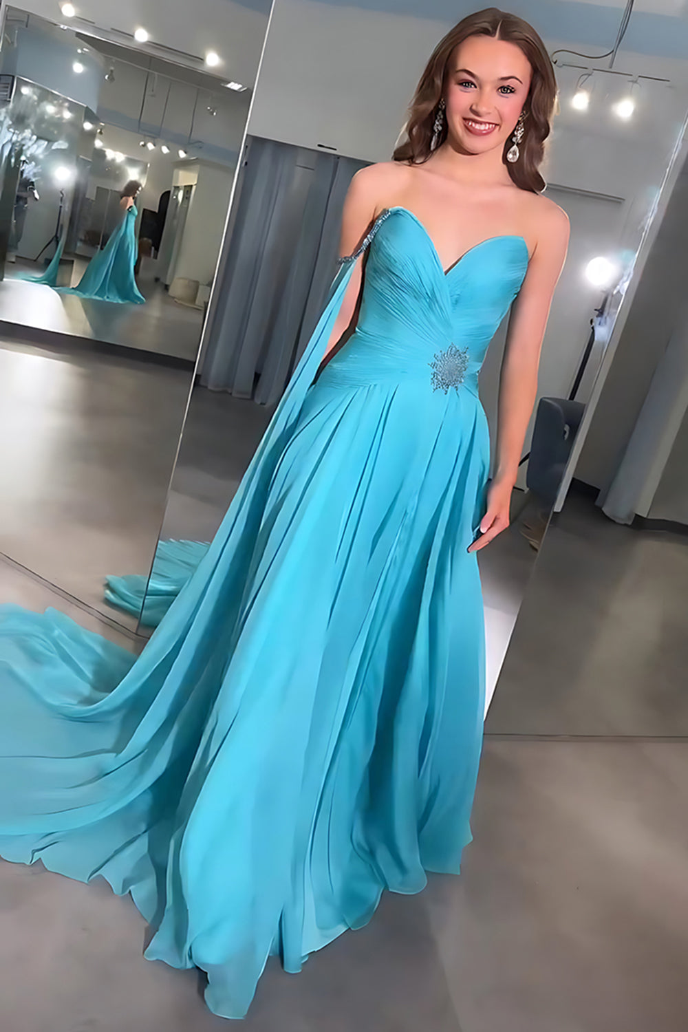 Blue Chiffon Sweetheart A Line Long Prom Dress with Side Cape