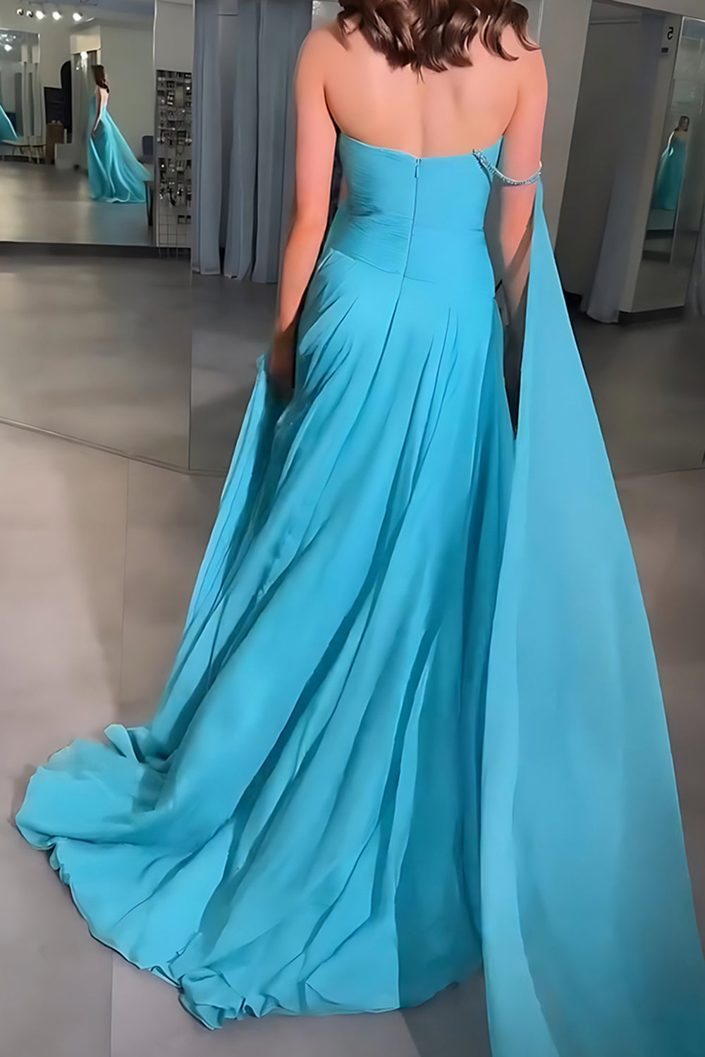 Blue Chiffon Sweetheart A Line Long Prom Dress with Side Cape