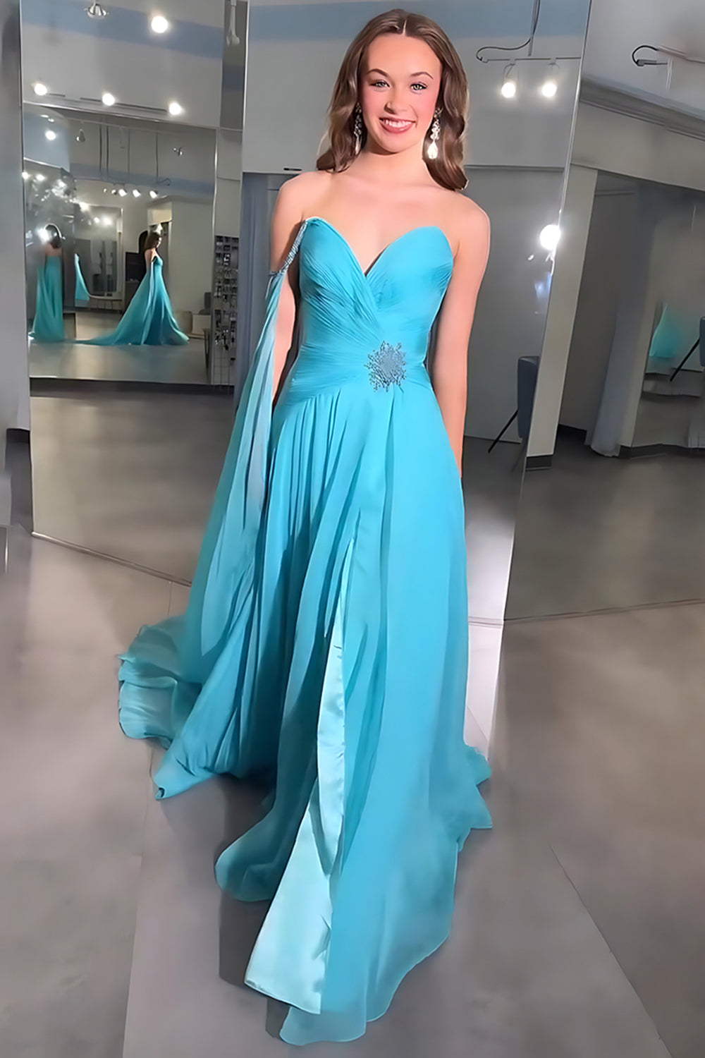 Blue Chiffon Sweetheart A Line Long Prom Dress with Side Cape