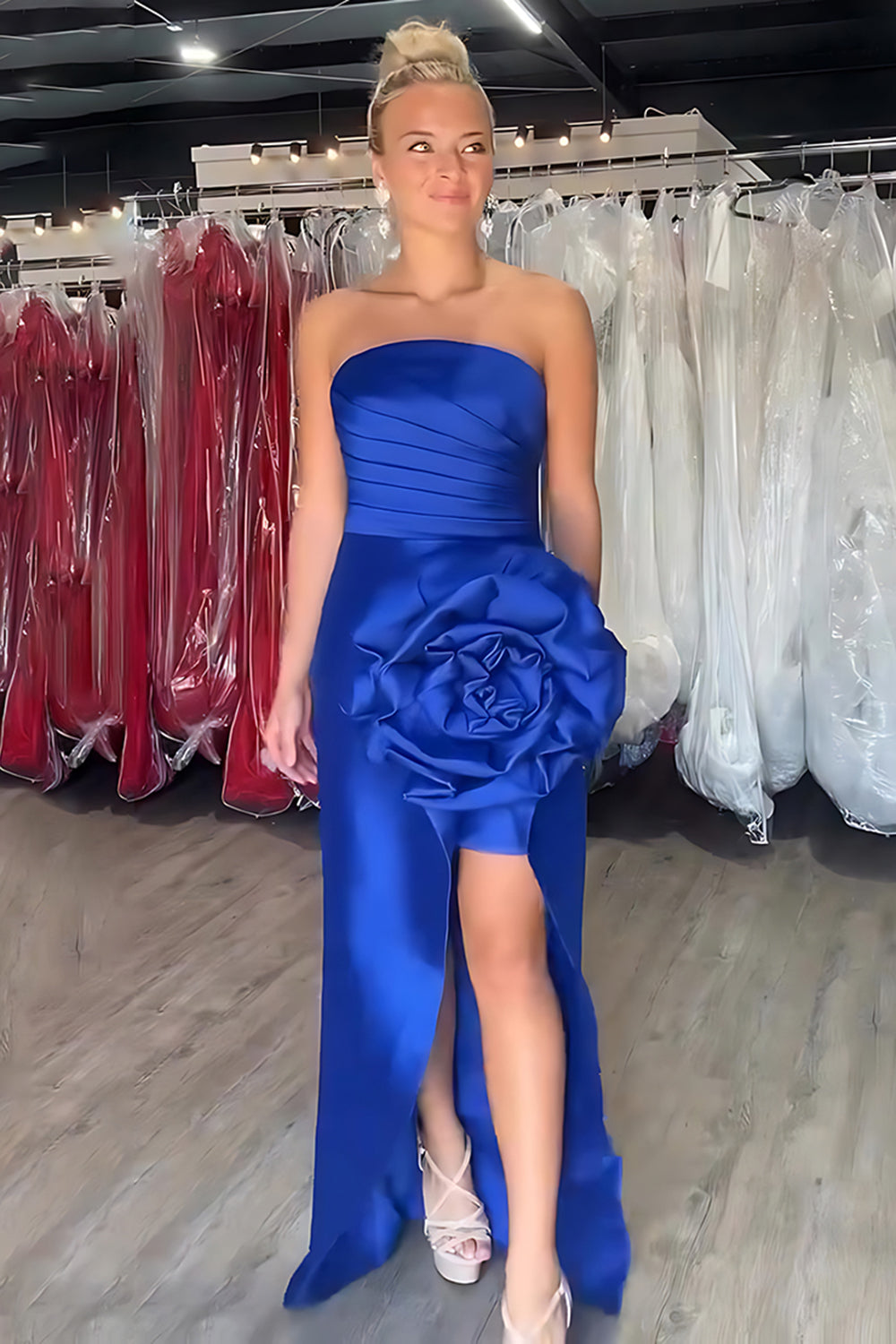 Royal Blue Satin Sheath Strapless Ruched Long Prom Dress with 3D Flower
