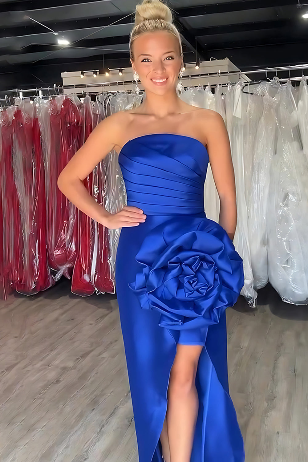 Royal Blue Satin Sheath Strapless Ruched Long Prom Dress with 3D Flower