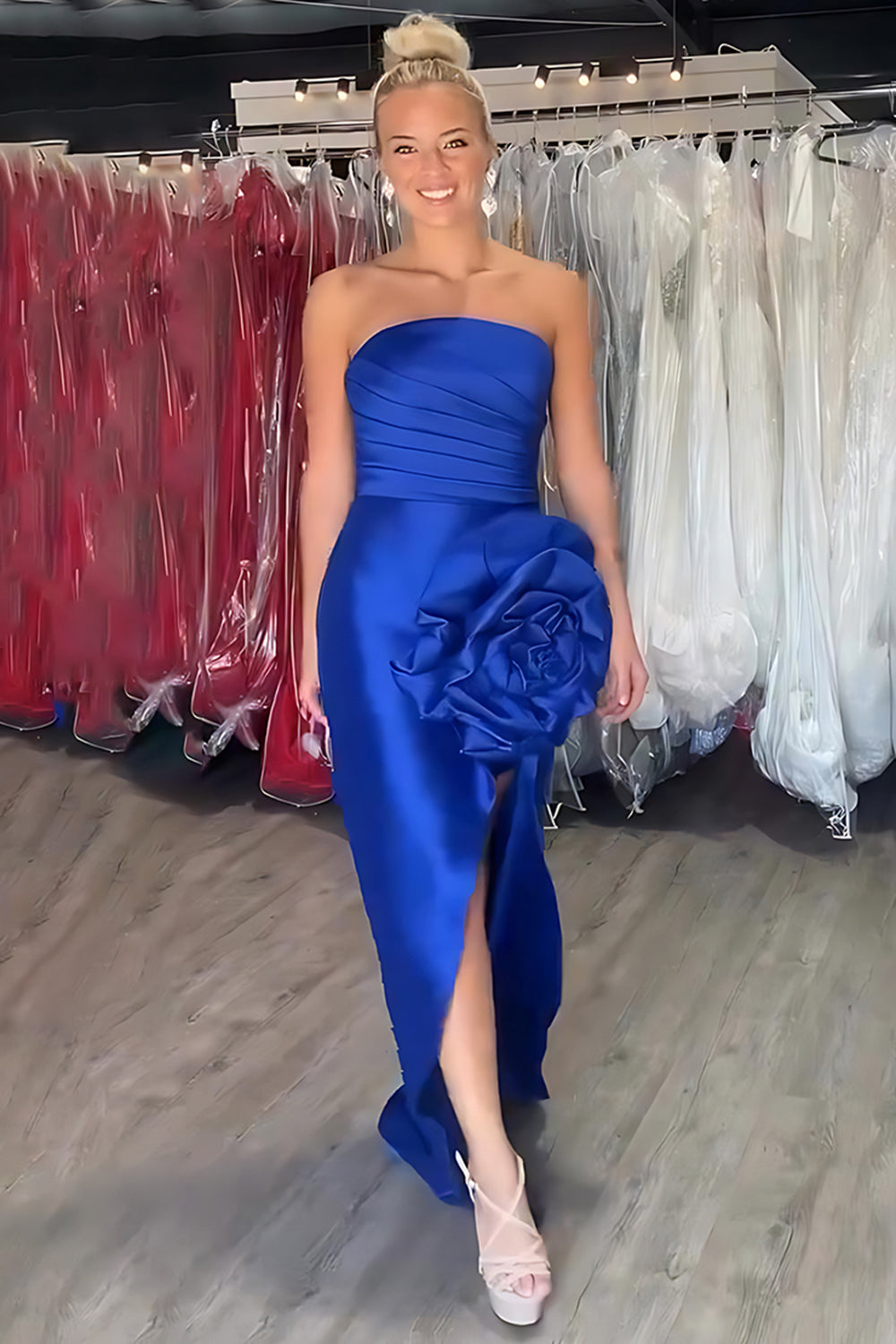Royal Blue Satin Sheath Strapless Ruched Long Prom Dress with 3D Flower