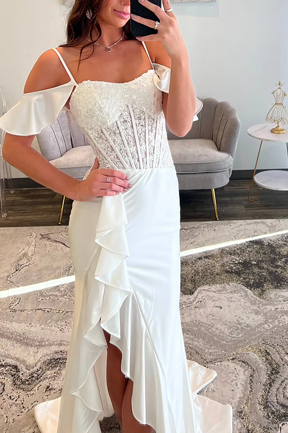 Sparkly Beaded Red Corset Mermaid Ruffled Long Prom Dress with Slit