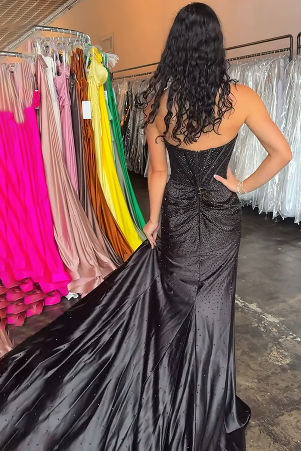 Sparkly Black Sequin Corset Mermaid Sweetheart Long Prom Dress with Slit