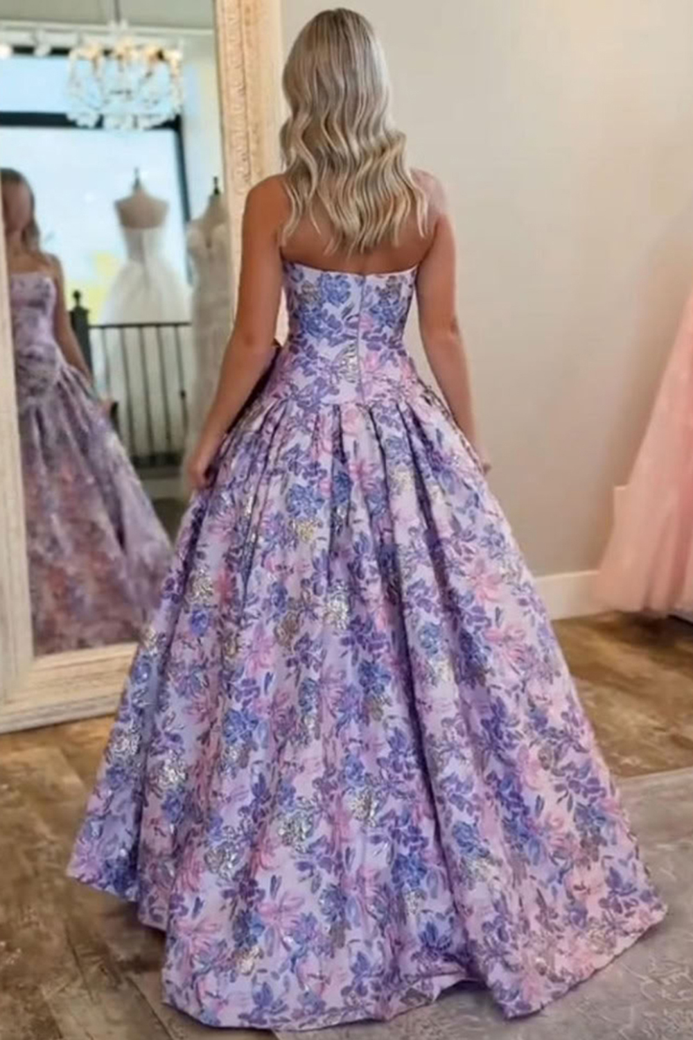 Purple Sweetheart Floral A Line Long Prom Dress with Bow