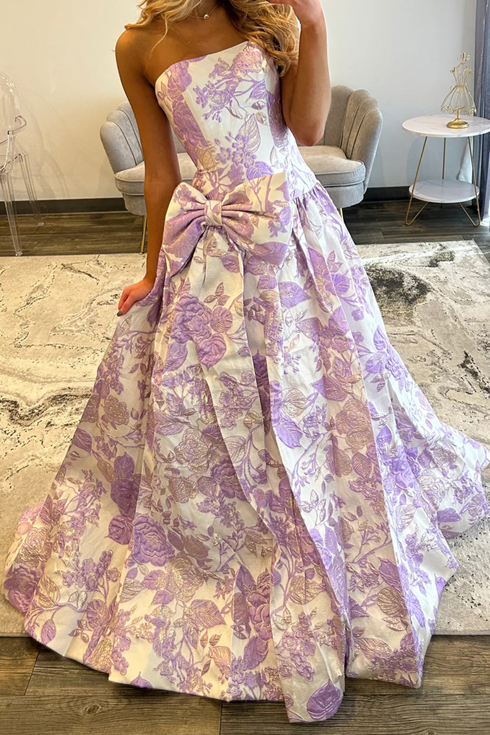 Purple Sweetheart Floral A Line Long Prom Dress with Bow
