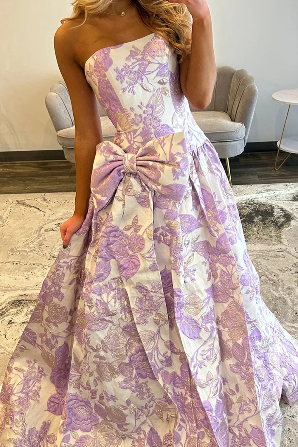 Purple Sweetheart Floral A Line Long Prom Dress with Bow
