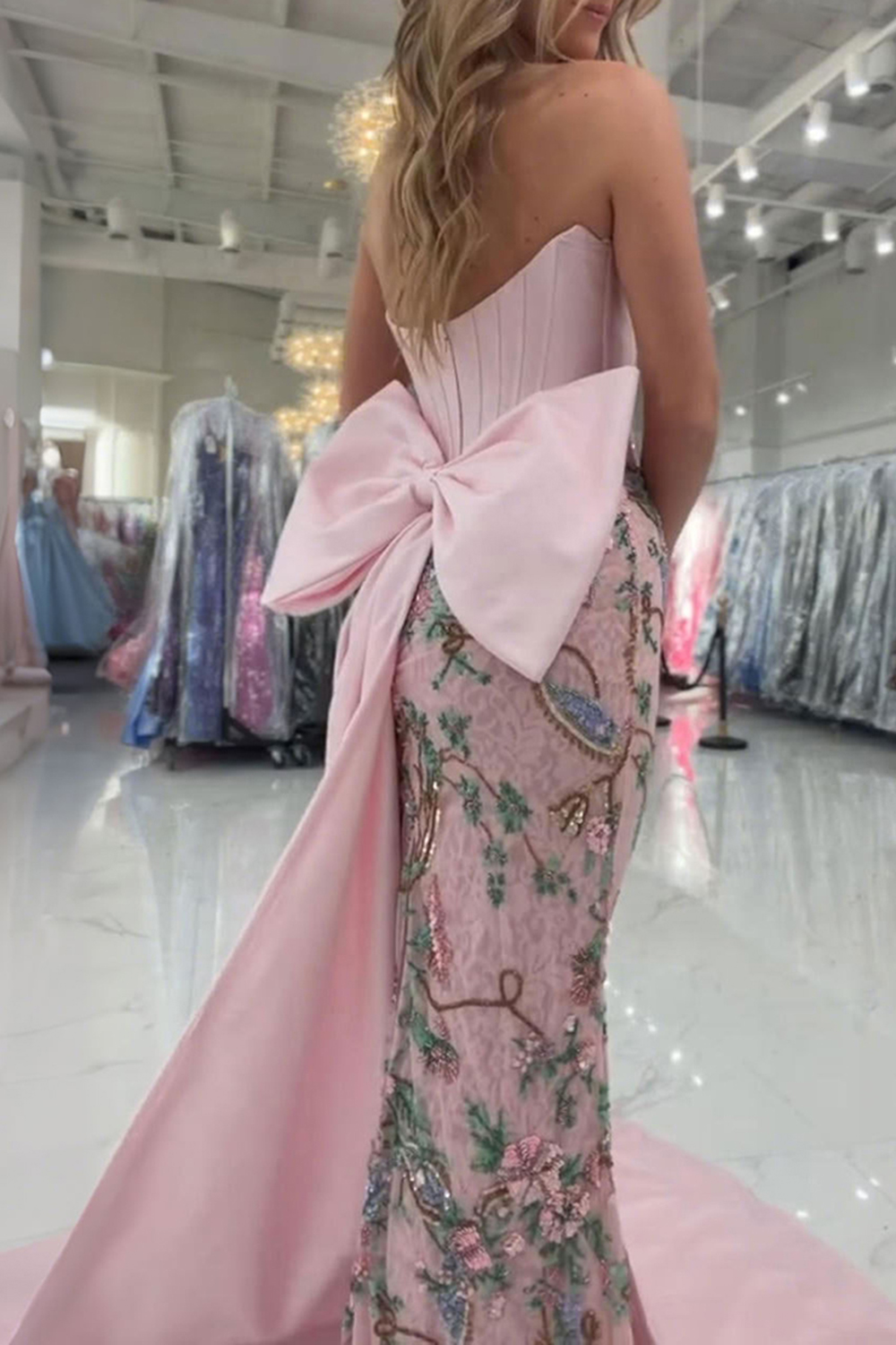 Sparkly Pink Floral Strapless Mermaid Corset Long Prom Dress with Cape