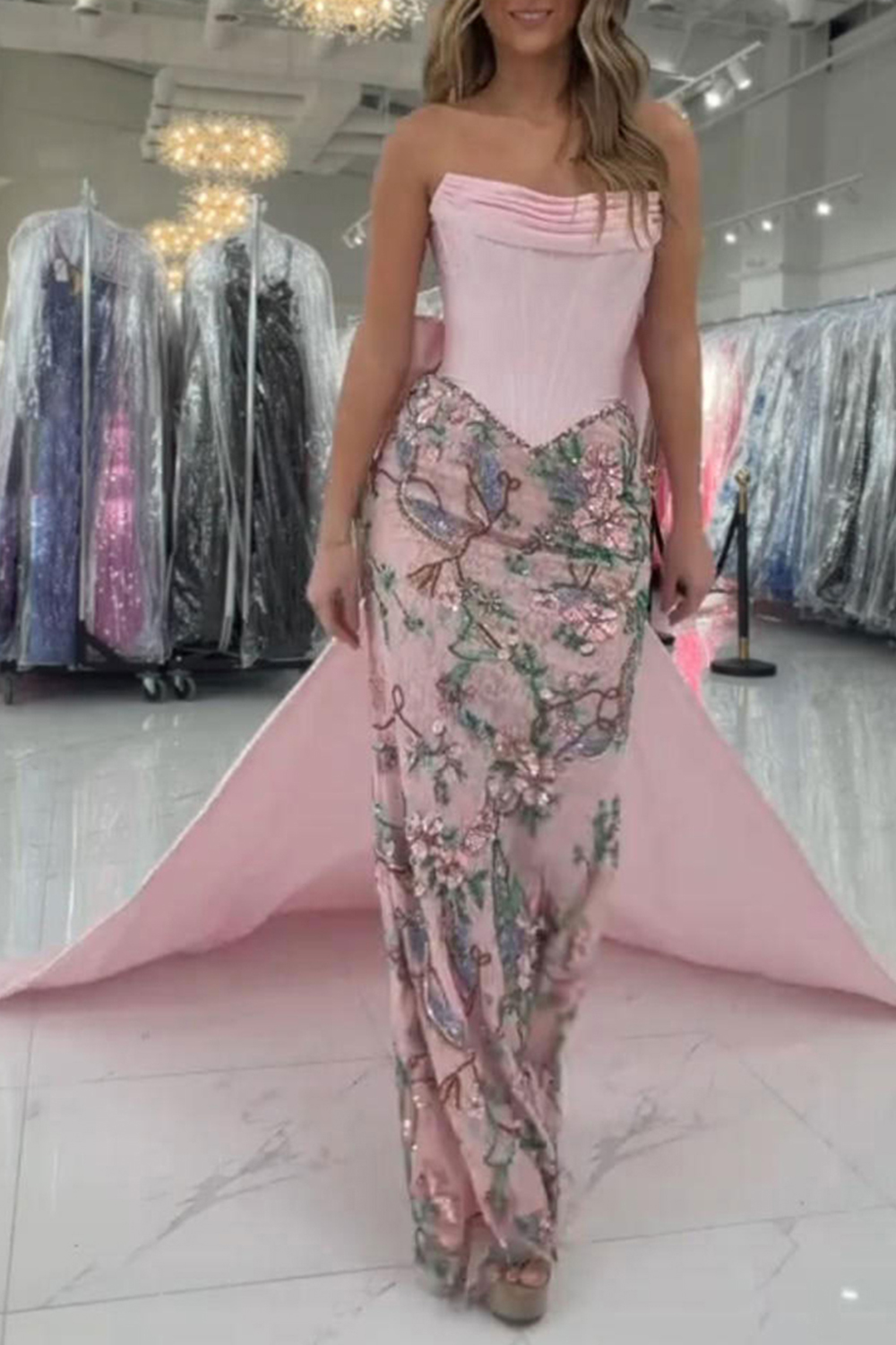 Sparkly Pink Floral Strapless Mermaid Corset Long Prom Dress with Cape