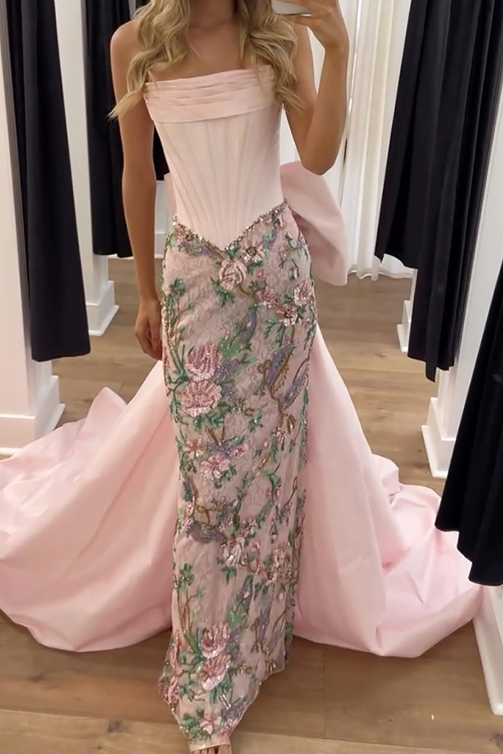 Light Pink Floral Strapless Corset Sheath Long Prom Dress with Cape