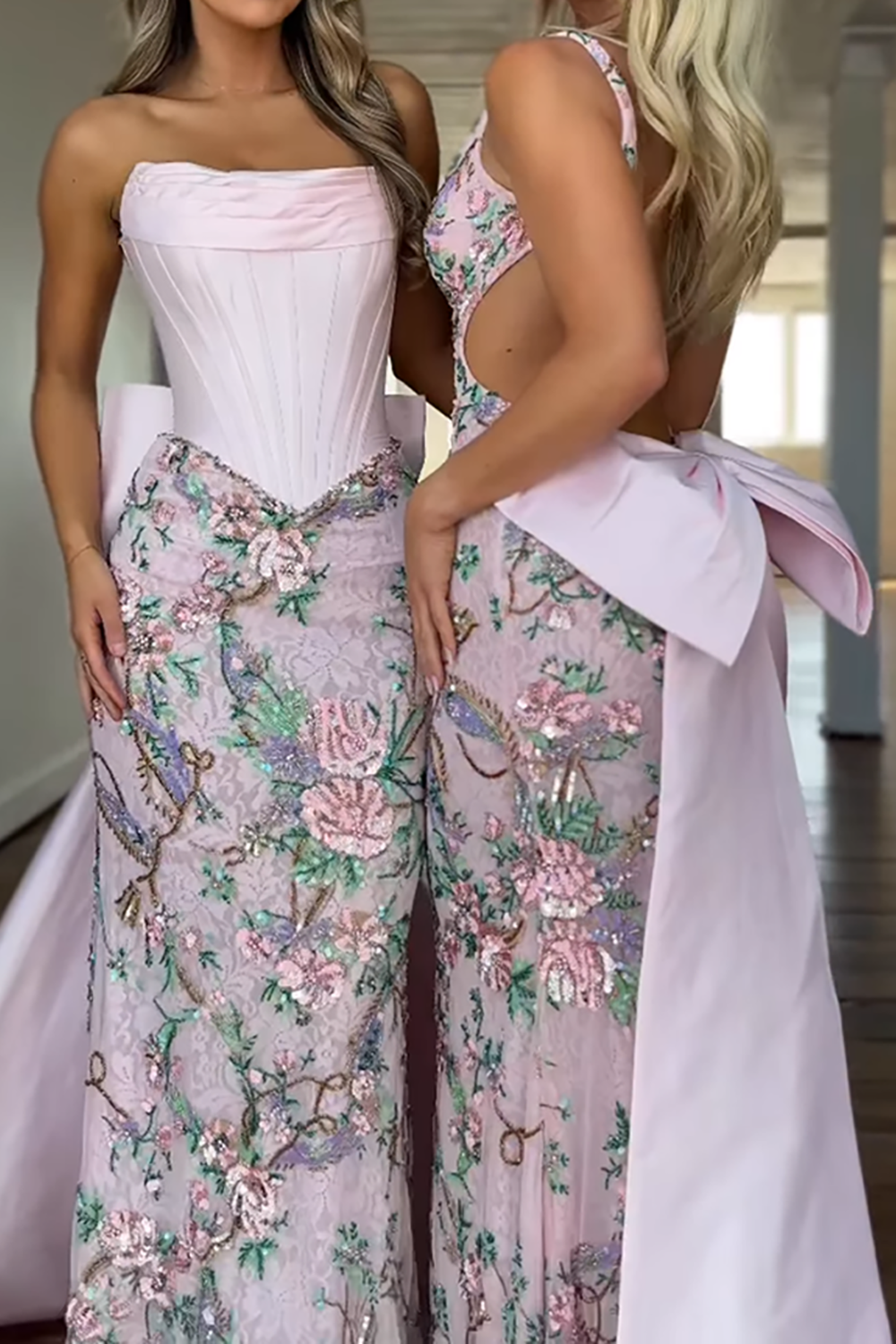 Light Pink Floral Mermaid V Neck Long Prom Dress with Slit