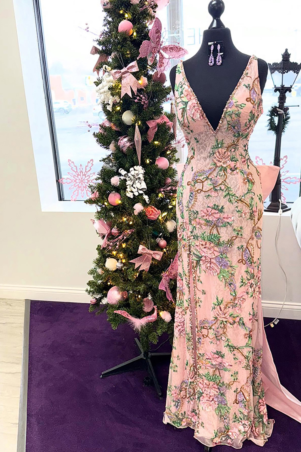 Light Pink Mermaid Floral V-Neck Long Prom Dress with Slit