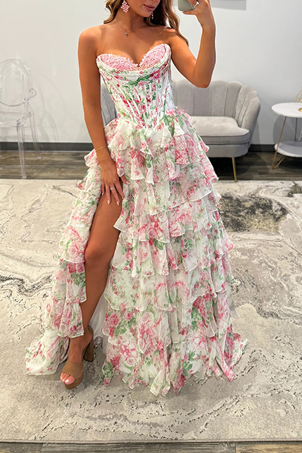 Pink Floral Ruffled Corset Strapless Long Prom Dress with Slit