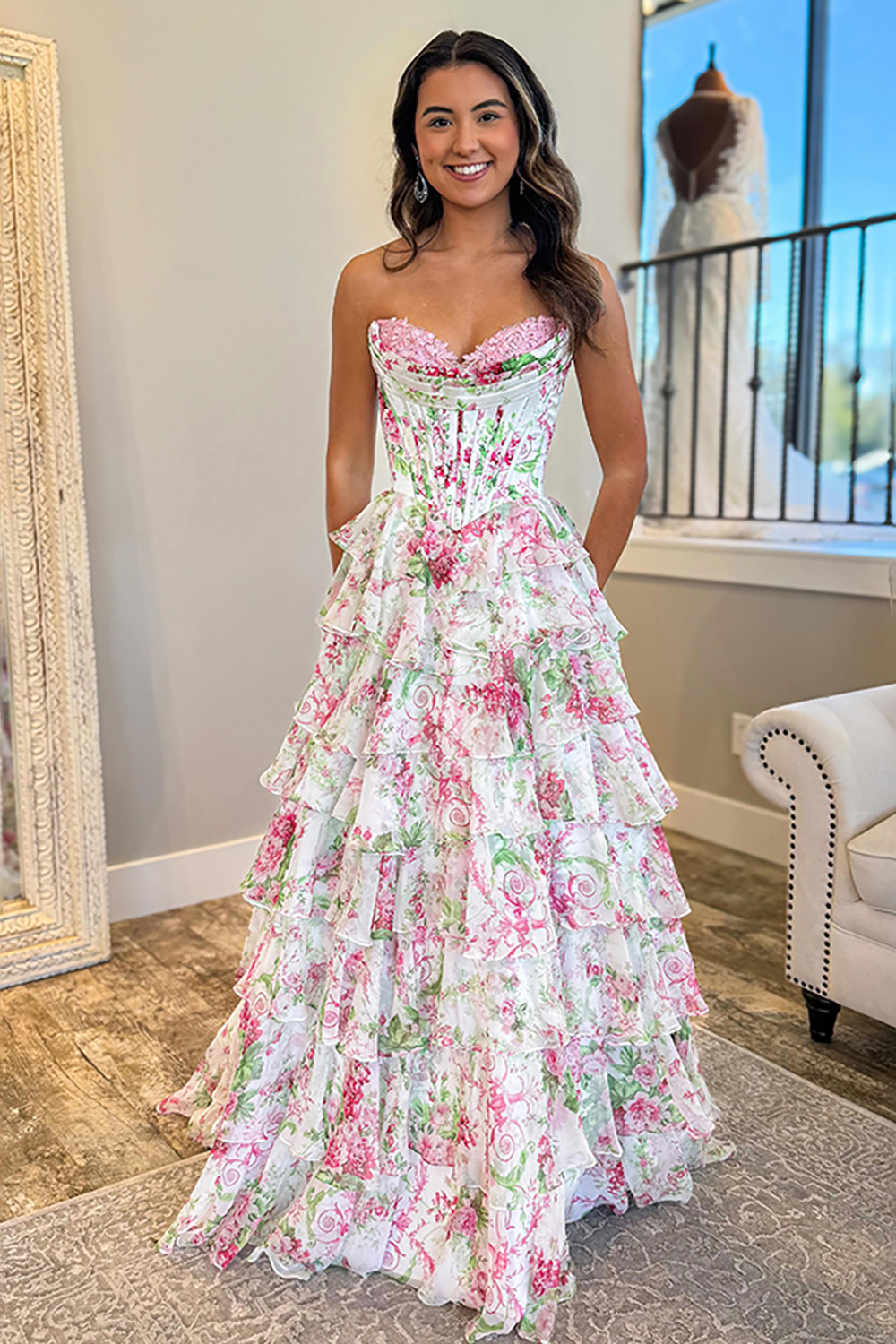 Pink Floral Ruffled Corset Strapless Long Prom Dress with Slit