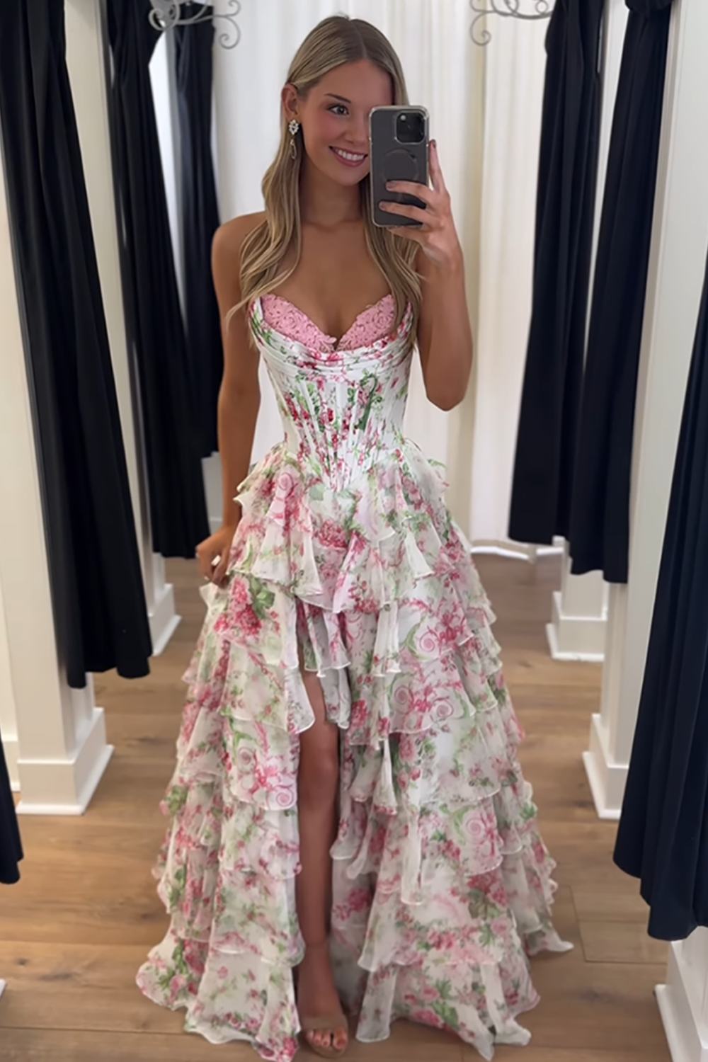 Pink Floral Ruffled Corset Strapless Long Prom Dress with Slit