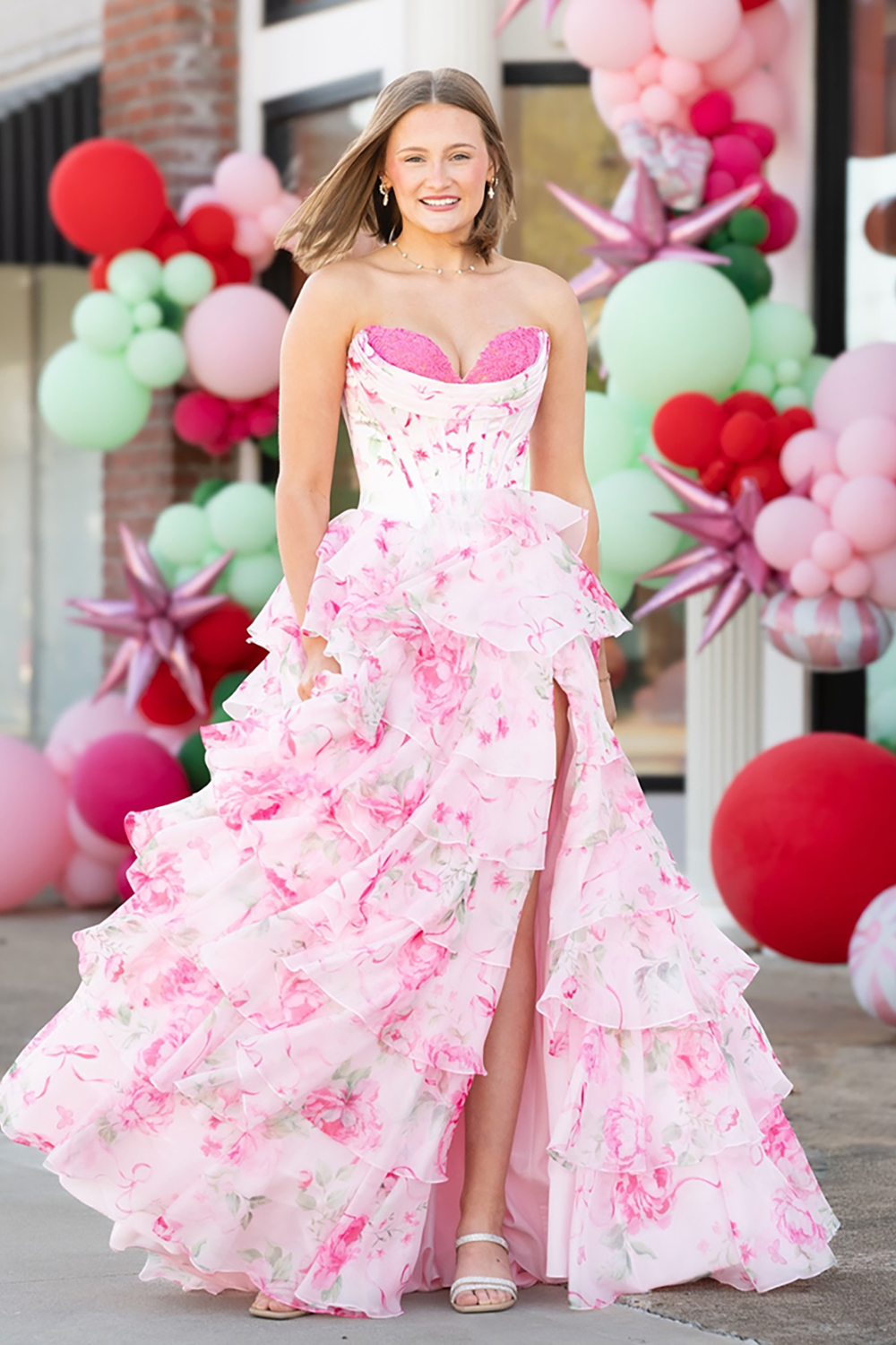 Pink Floral Ruffled Corset Strapless Long Prom Dress with Slit
