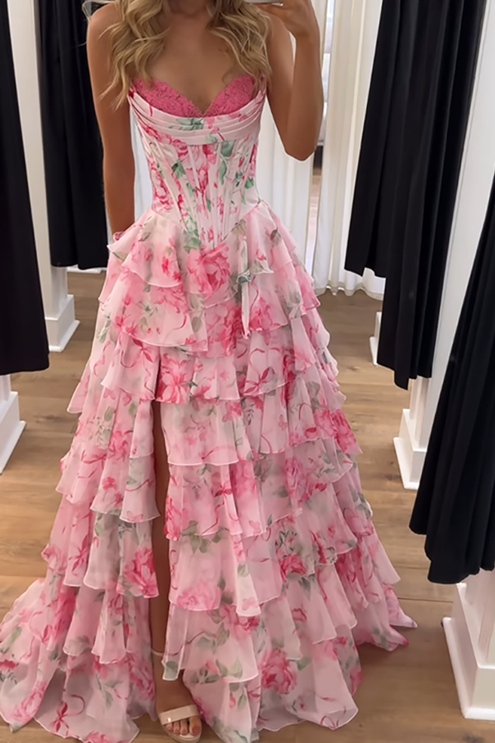 Pink Floral Ruffled Strapless Corset Long Prom Dress with Slit