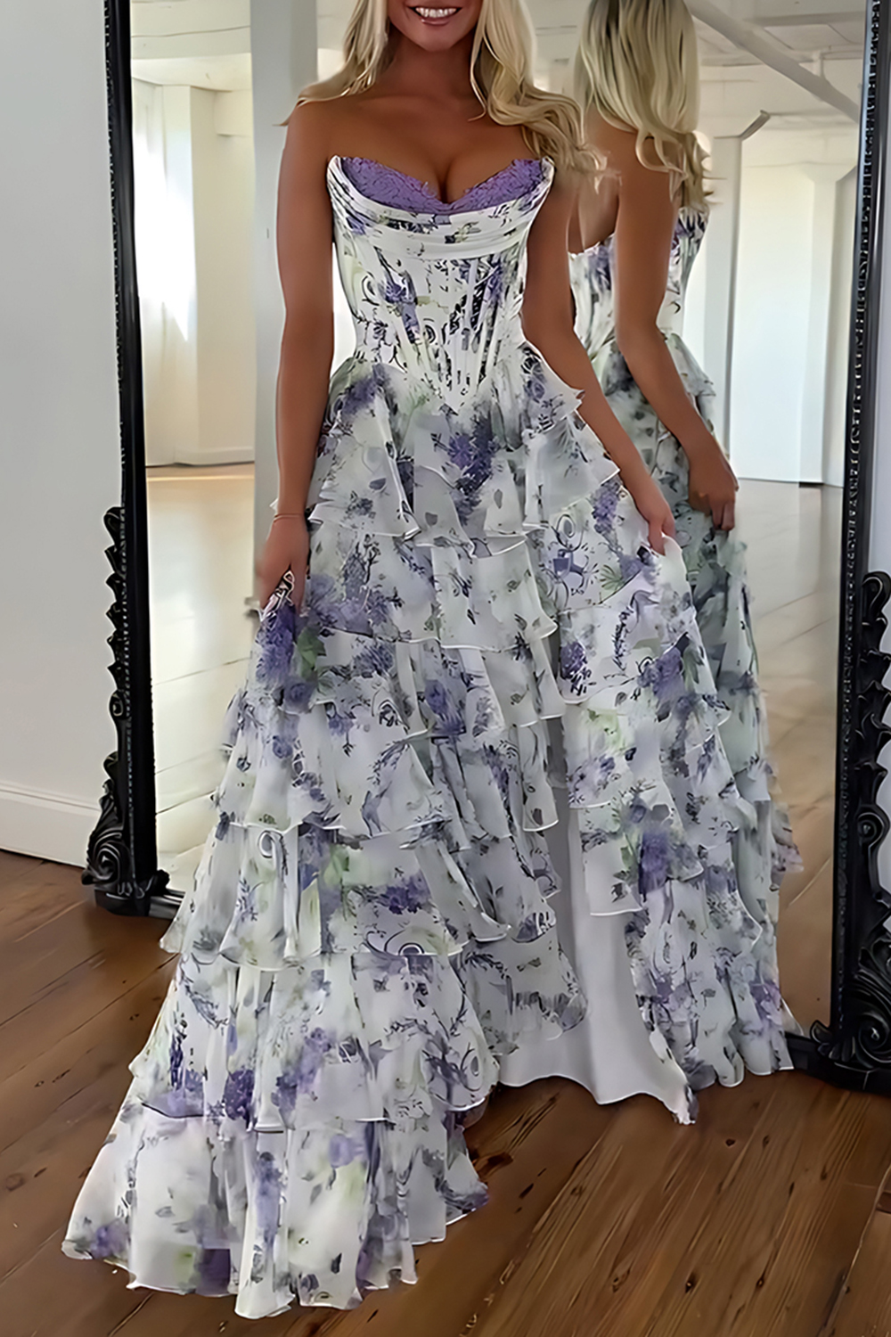 Pink Floral Ruffled Corset Strapless Long Prom Dress with Slit