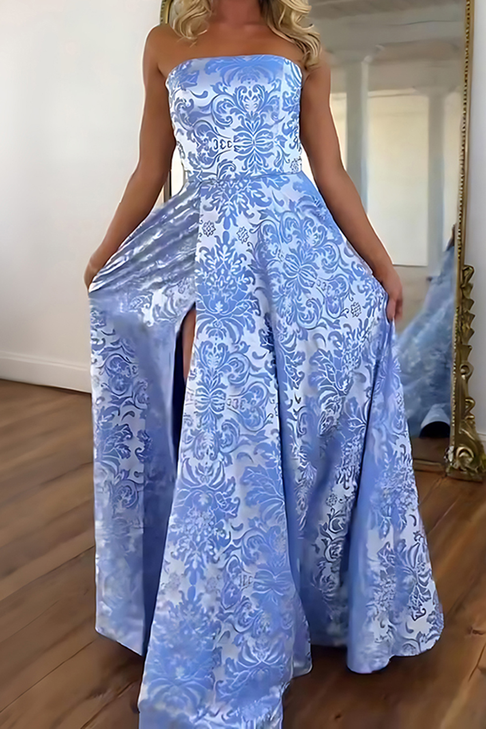 Blue Floral Strapless A Line Long Prom Dress with Slit