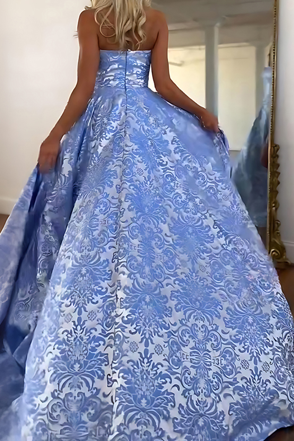 Blue Floral Strapless A Line Long Prom Dress with Slit