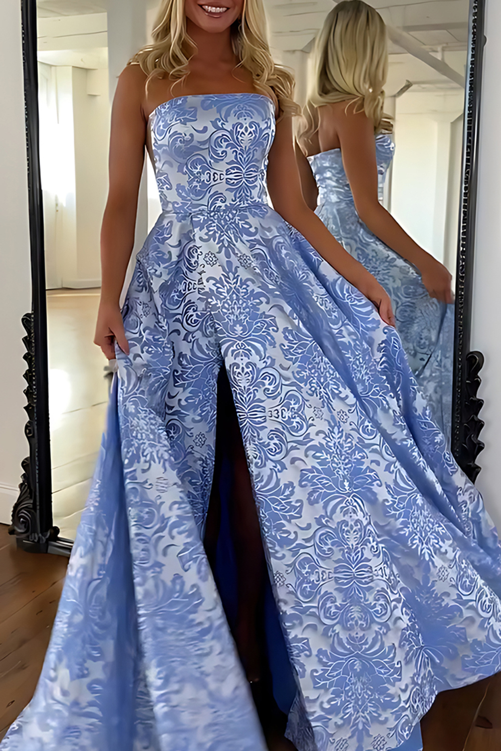 Blue Floral Strapless A Line Long Prom Dress with Slit